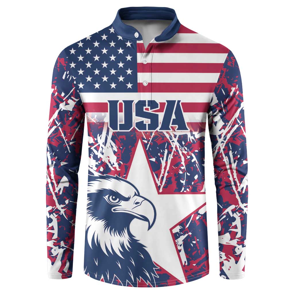 Red, white and navy USA flag eagle rugby sweatshirt with button placket and long sleeves
