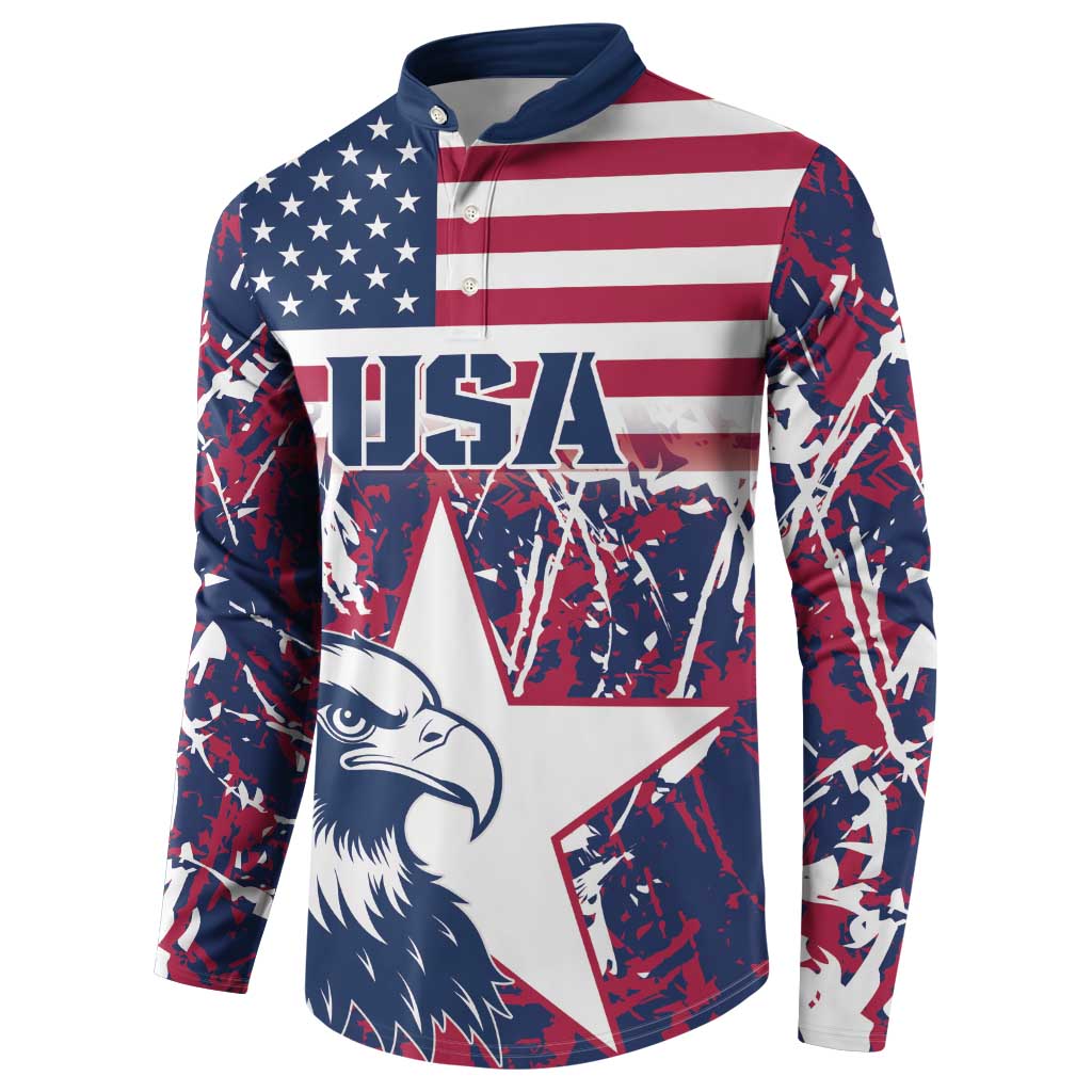 Rugby sweatshirt with US flag stars-and-stripes print, eagle graphic, button front