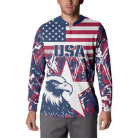 Rugby sweatshirt worn by model: US flag eagle graphic, long sleeves, button collar