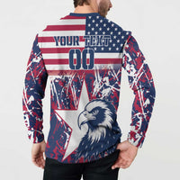 Rugby sweatshirt back worn by model with US flag print, YOUR TEXT, eagle graphic