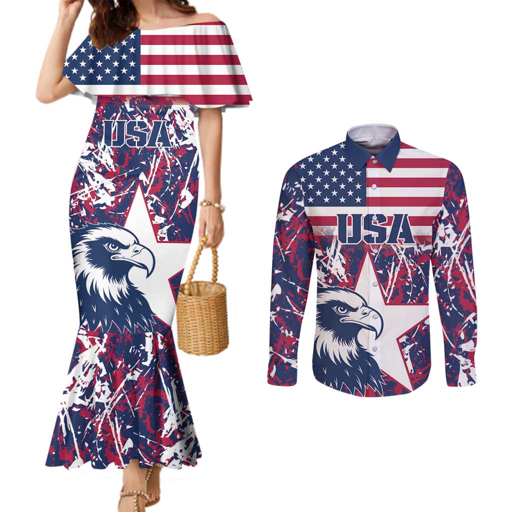 Custom USA Rugby Couples Matching Mermaid Dress and Long Sleeve Button Shirt Pacific Go Eagles 2024