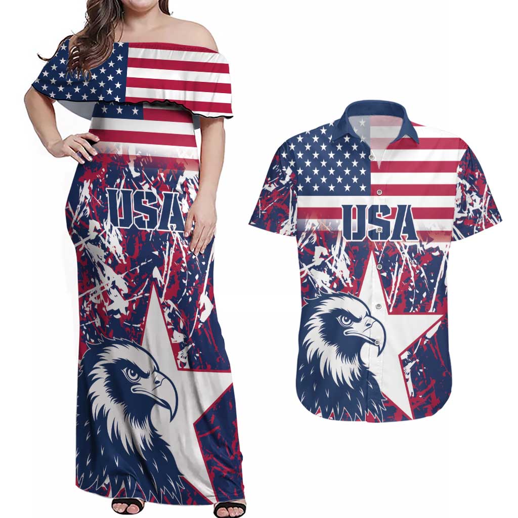 Custom USA Rugby Couples Matching Off Shoulder Maxi Dress and Hawaiian Shirt Pacific Go Eagles 2024 - Wonder Print Shop