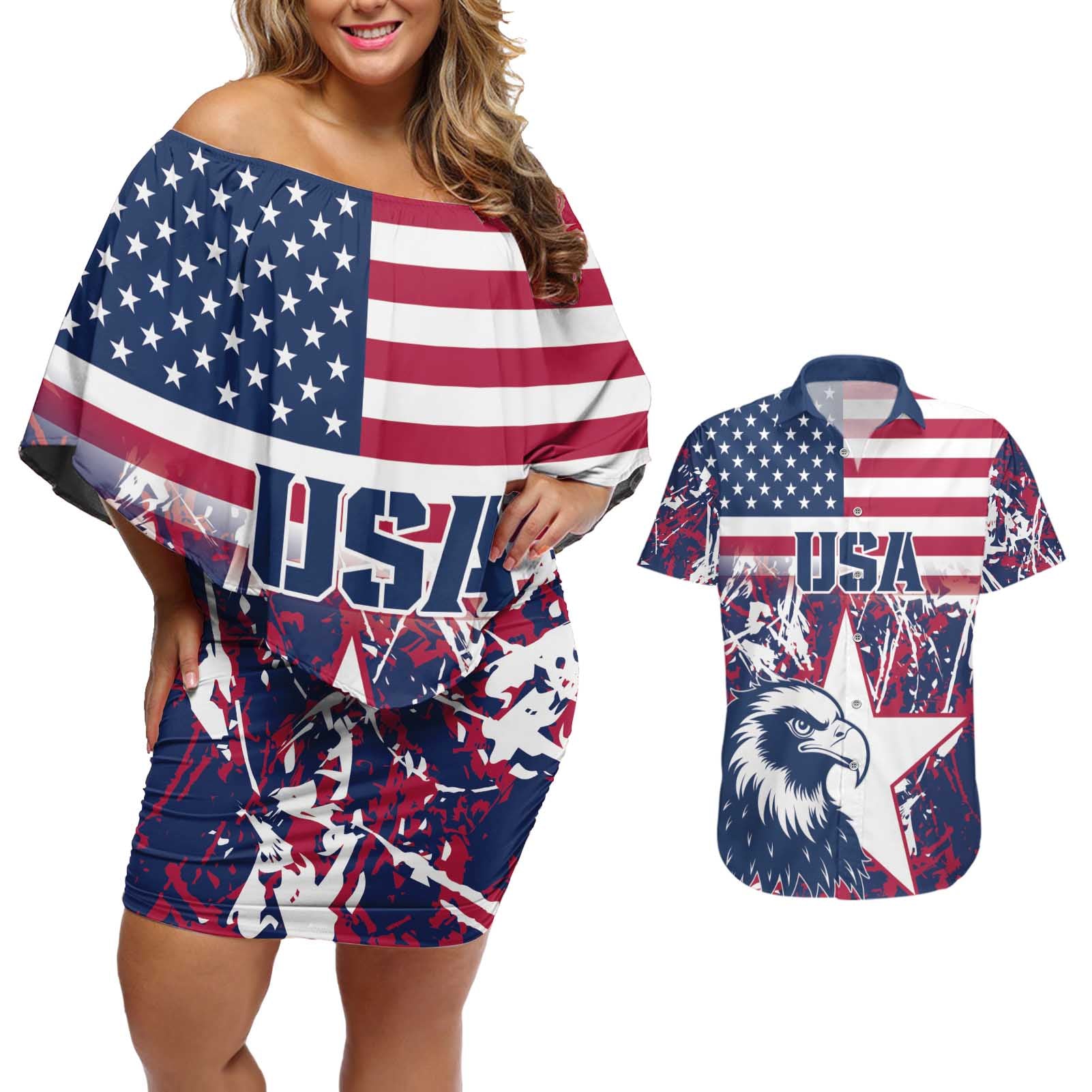 Custom USA Rugby Couples Matching Off Shoulder Short Dress and Hawaiian Shirt Pacific Go Eagles 2024 - Wonder Print Shop