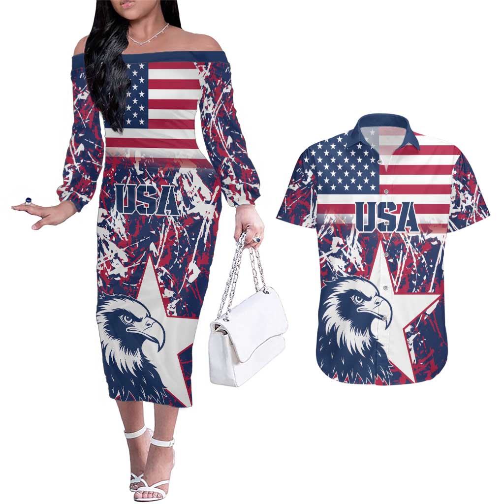 Custom USA Rugby Couples Matching Off The Shoulder Long Sleeve Dress and Hawaiian Shirt Pacific Go Eagles 2024 - Wonder Print Shop