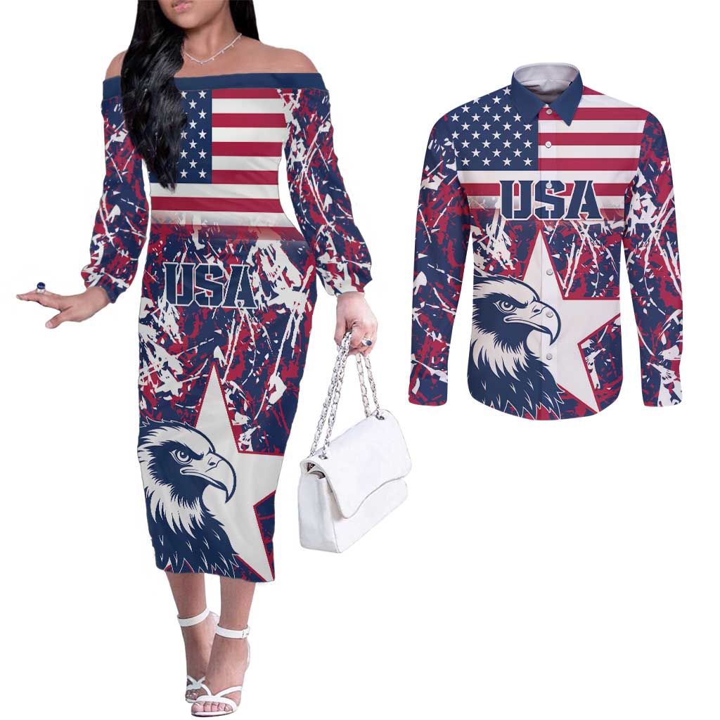 Custom USA Rugby Couples Matching Off The Shoulder Long Sleeve Dress and Long Sleeve Button Shirt Pacific Go Eagles 2024