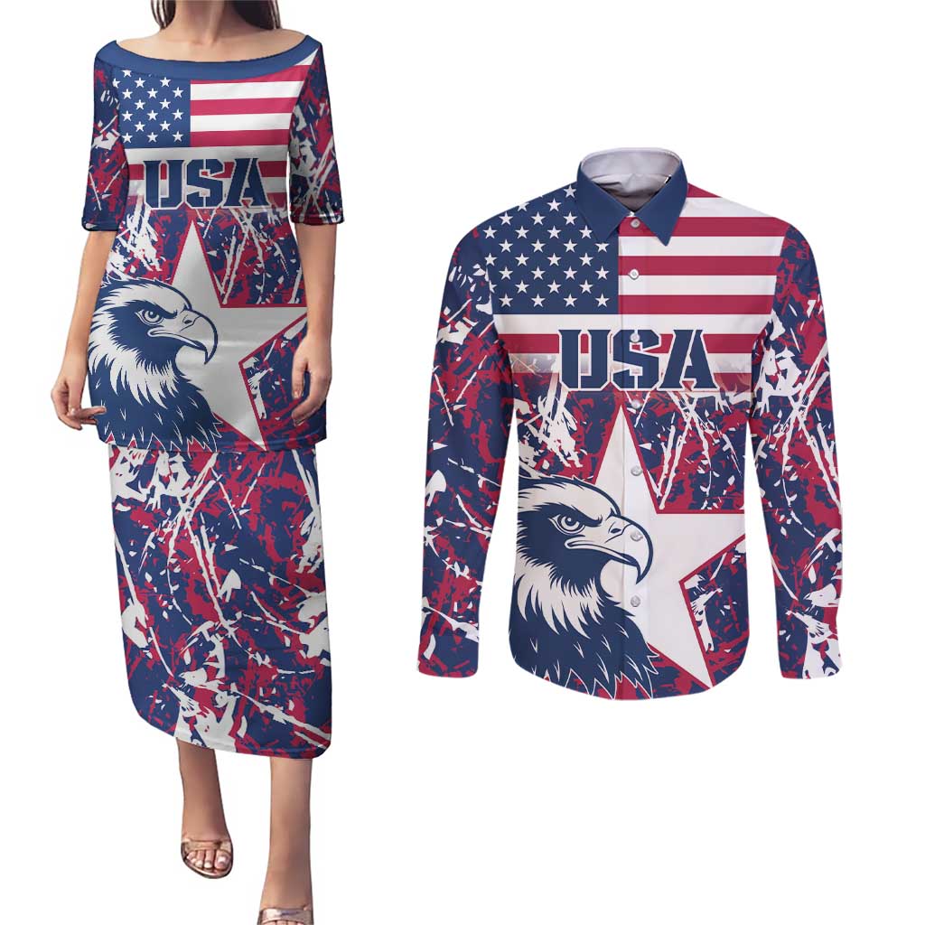 Custom USA Rugby Couples Matching Puletasi and Long Sleeve Button Shirt Pacific Go Eagles 2024 - Wonder Print Shop