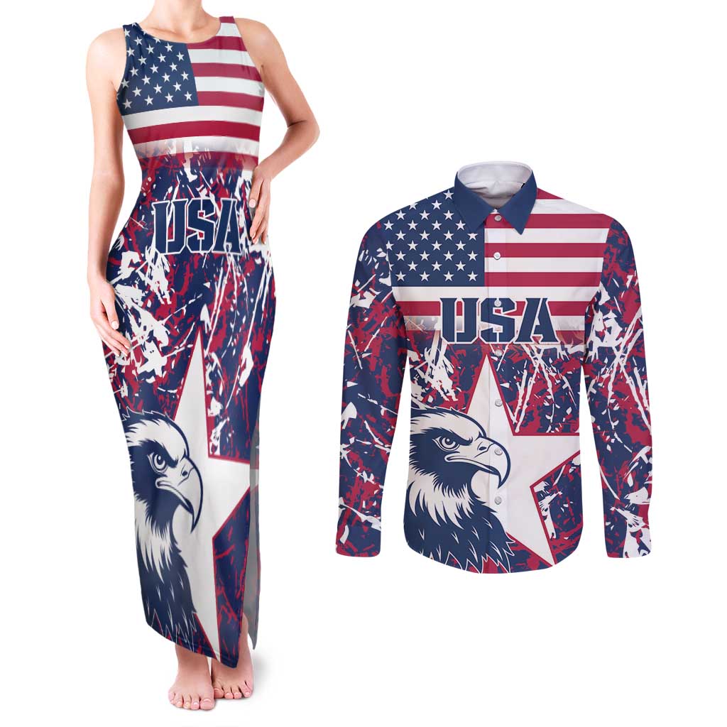 Custom USA Rugby Couples Matching Tank Maxi Dress and Long Sleeve Button Shirt Pacific Go Eagles 2024 - Wonder Print Shop