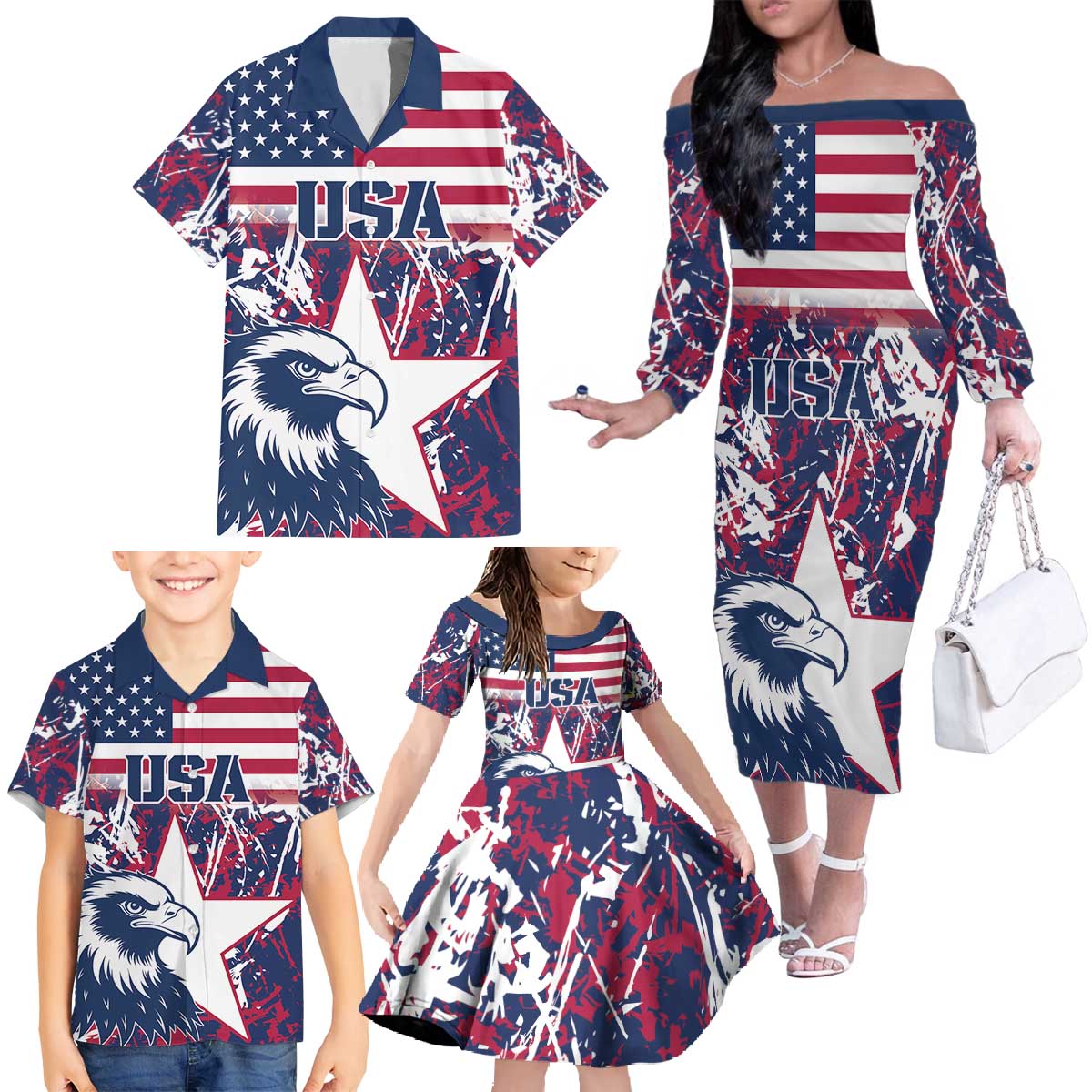 Custom USA Rugby Family Matching Off The Shoulder Long Sleeve Dress and Hawaiian Shirt Pacific Go Eagles 2024 - Wonder Print Shop