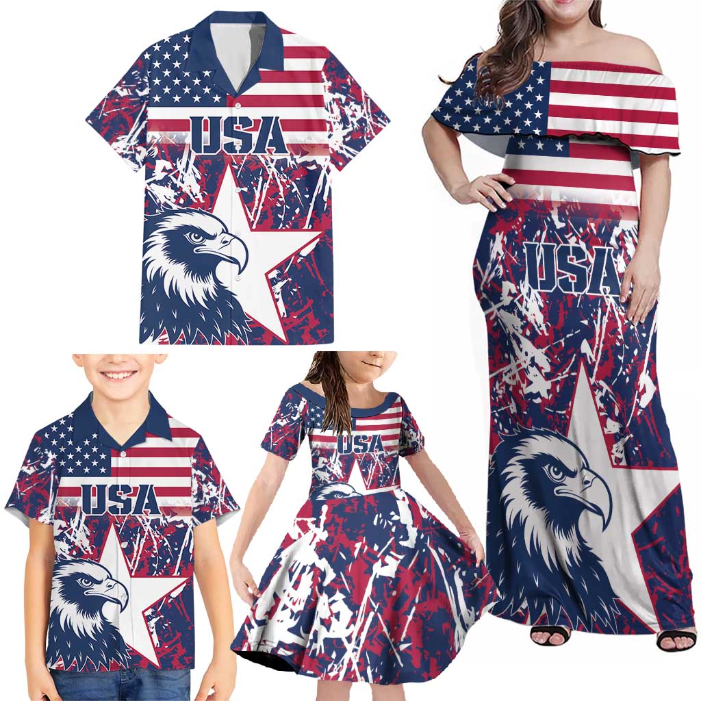 Custom USA Rugby Family Matching Off Shoulder Maxi Dress and Hawaiian Shirt Pacific Go Eagles 2024 - Wonder Print Shop