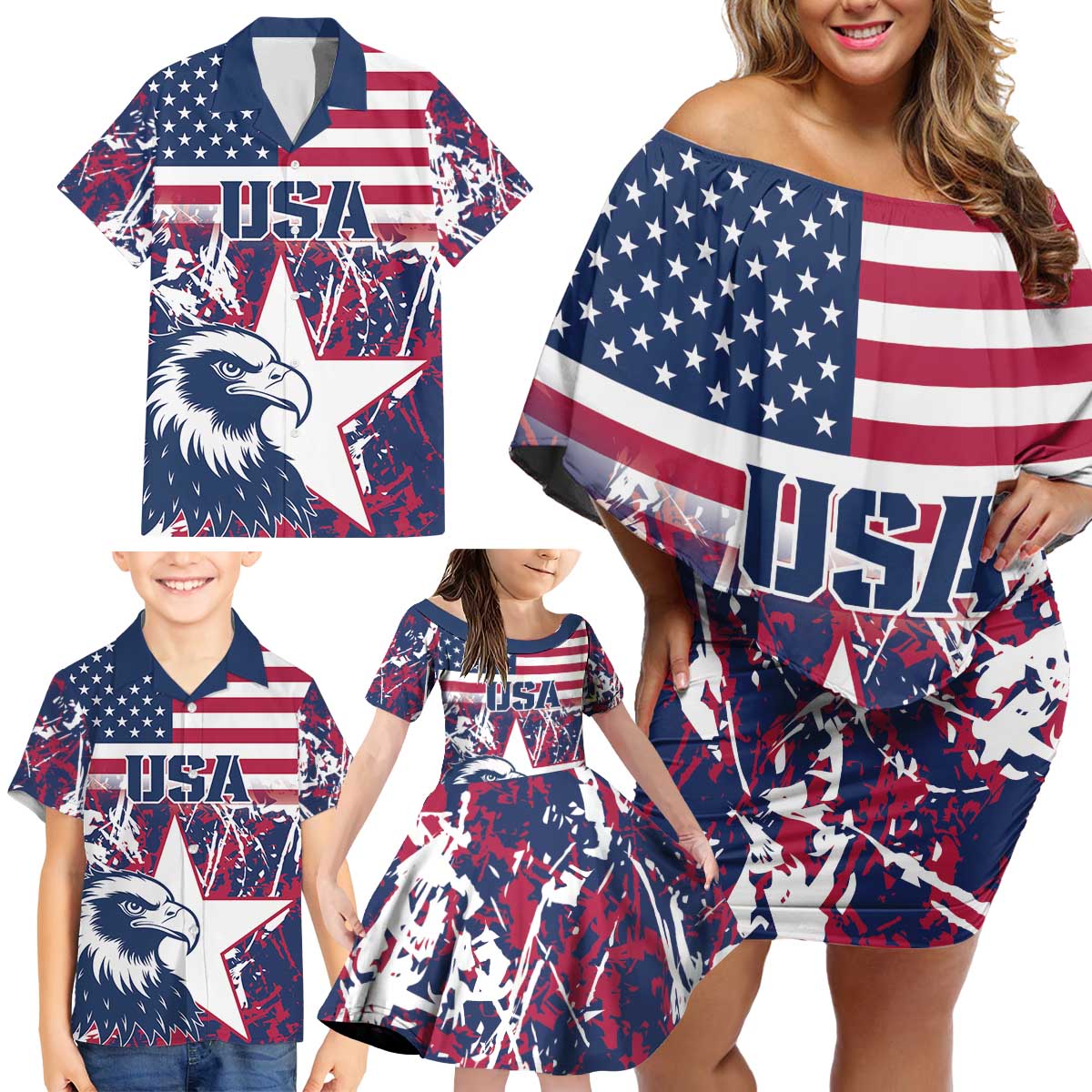 Custom USA Rugby Family Matching Off Shoulder Short Dress and Hawaiian Shirt Pacific Go Eagles 2024 - Wonder Print Shop