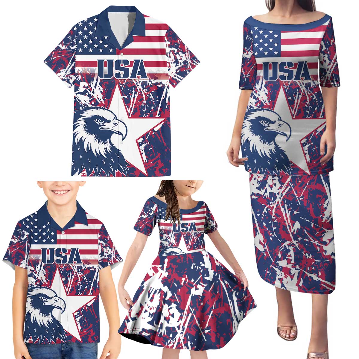 Custom USA Rugby Family Matching Puletasi and Hawaiian Shirt Pacific Go Eagles 2024 - Wonder Print Shop