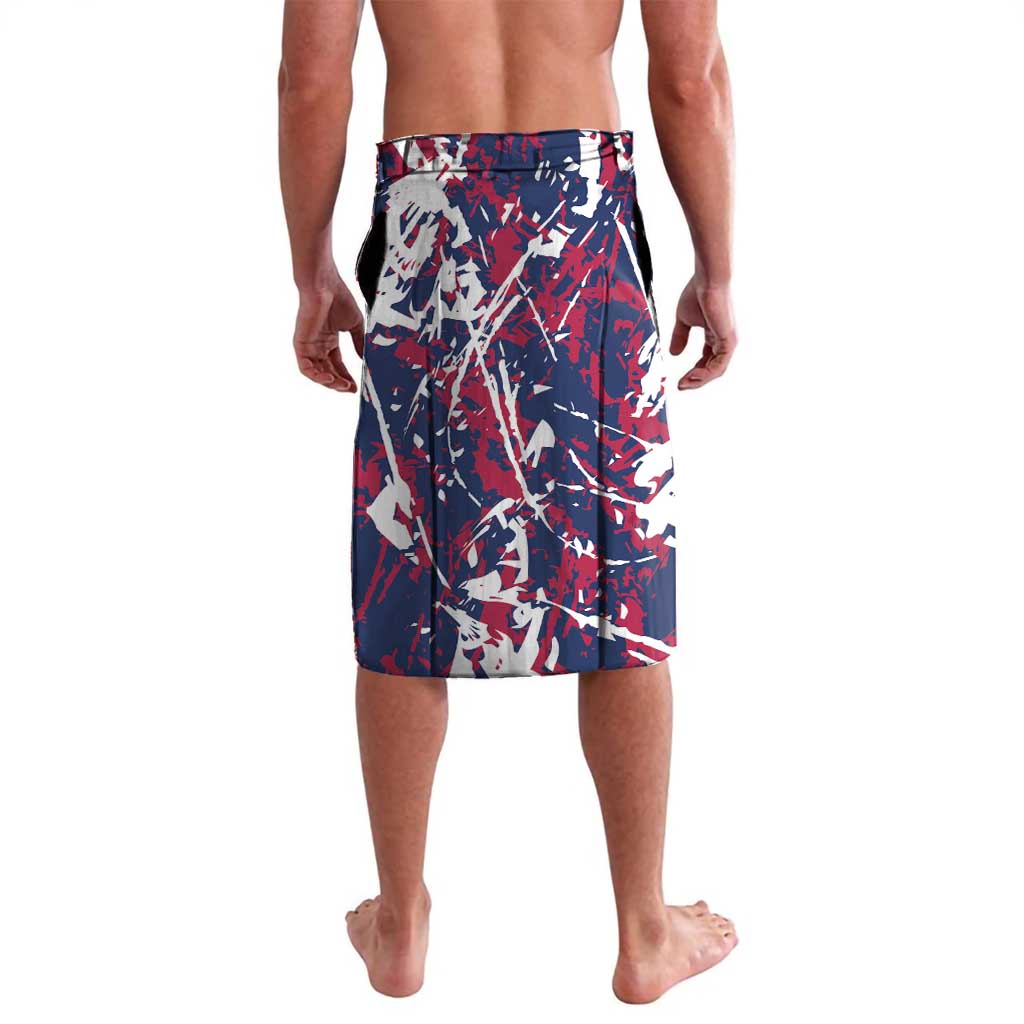 Men's patriotic board shorts, back view, red white blue allover camo eagle