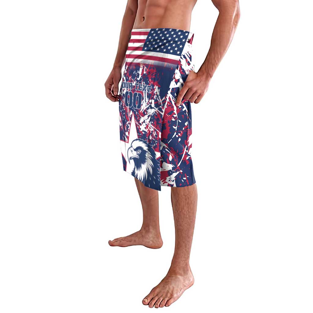 Men's patriotic board shorts with eagle graphic and star-striped waistband, red white blue