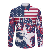 Men's long sleeve button rugby shirt with stars-and-stripes USA graphic and eagle