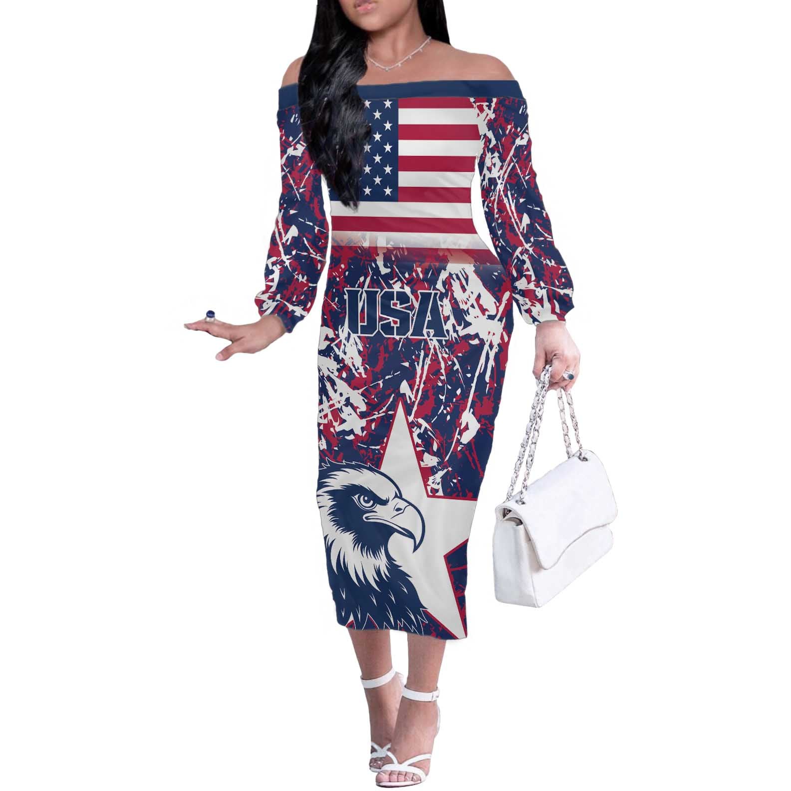 Custom USA Rugby Off The Shoulder Long Sleeve Dress Pacific Go Eagles 2024 - Wonder Print Shop