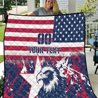 Rugby quilt with US flag red stripes and navy stars, eagle graphic, custom text