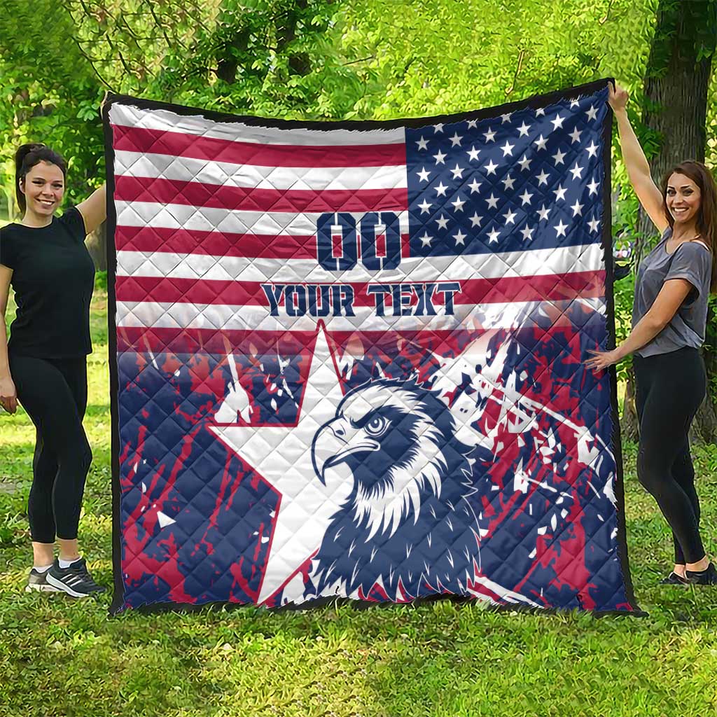 Rugby quilt featuring US flag stripes, navy star corner, large eagle face, custom text