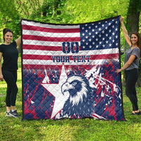 Rugby quilt featuring US flag stripes, navy star corner, large eagle face, custom text