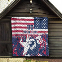 Rugby quilt on a porch: US flag red stripes, navy star field, eagle head, custom text