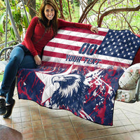 Rugby quilt held outdoors: US flag stripes and navy stars, eagle face, custom text