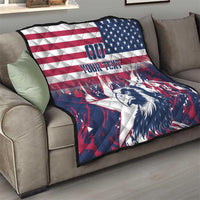 Rugby quilt on a sofa: US flag stripes, navy star corner, eagle graphic, custom text