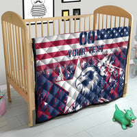 Rugby quilt on a crib: US flag stripes, navy stars, eagle graphic, custom text