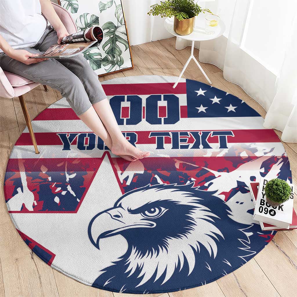 Round rug featuring eagle head and 'YOUR TEXT' in red, white, and blue patriotic colors