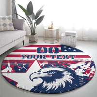 Round rugby carpet with eagle head, red white and blue patriotic design and text