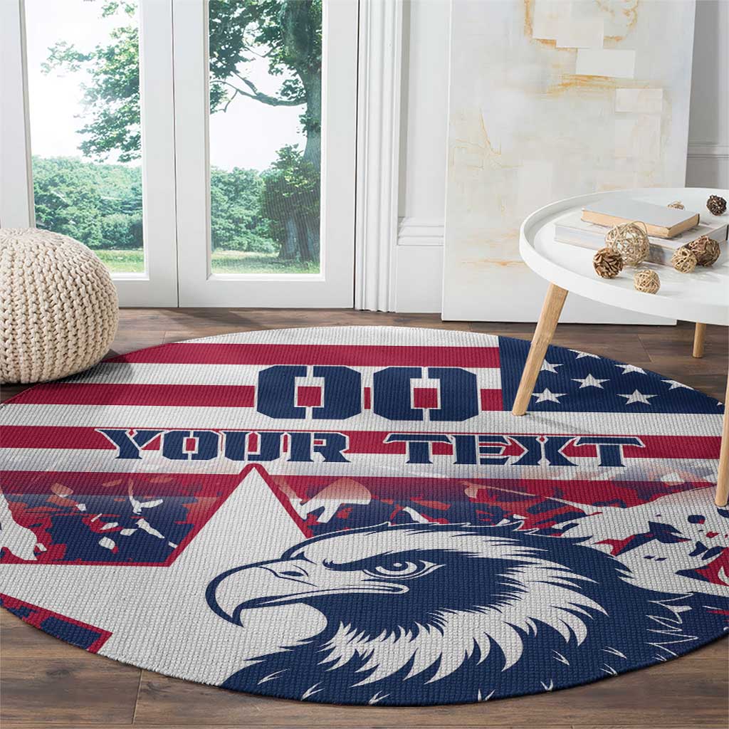 Round patriotic rugby carpet with eagle head and 'YOUR TEXT' in red, white, and blue