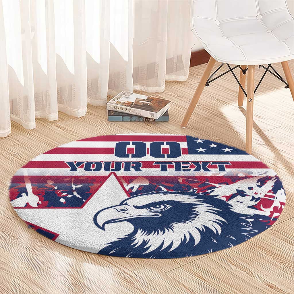 Round rug with eagle head graphic and 'YOUR TEXT' in red-white-blue stars and stripes