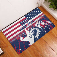 Rubber doormat corner view with red and blue graphic eagle, stars and “YOUR TEXT”