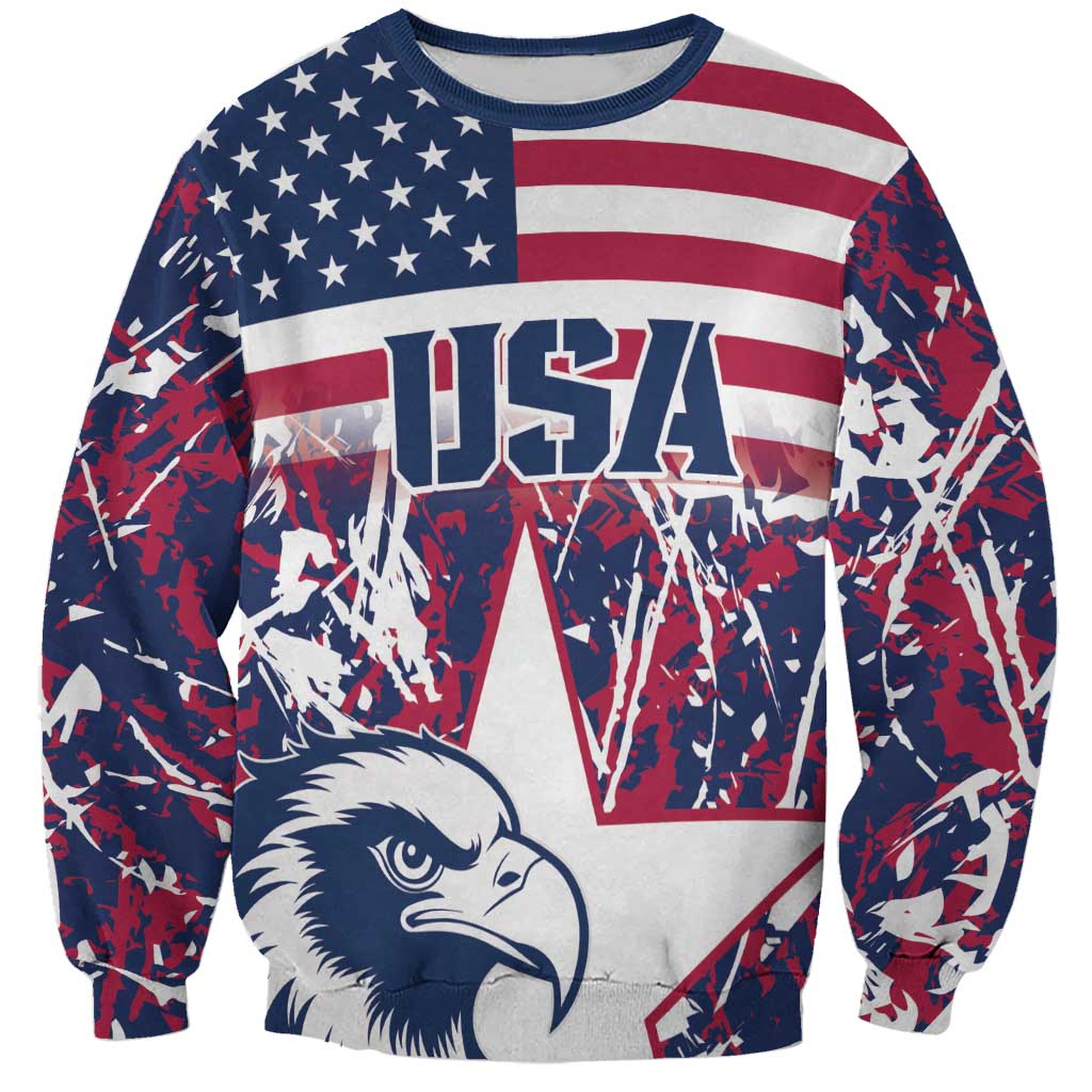 Red, white, and navy unisex USA-themed sweatshirt with eagle and 'USA' graphic