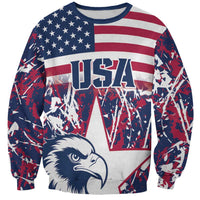 Red, white, and navy unisex USA-themed sweatshirt with eagle and 'USA' graphic