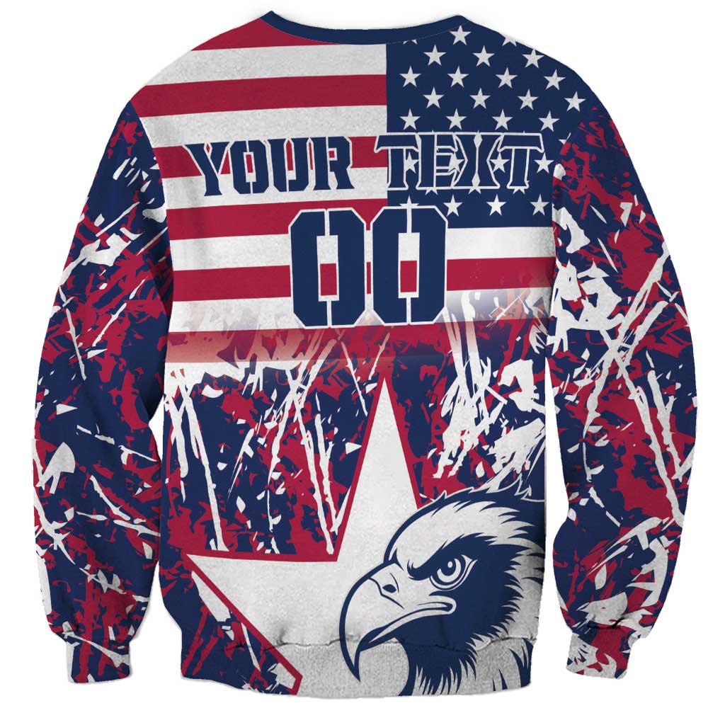 Red, white, and navy sweatshirt with USA flag, 'YOUR TEAM' text, and eagle graphic