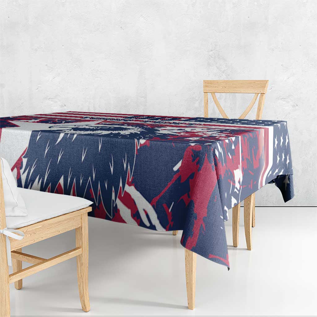Red, white and blue patriotic tablecloth draped over rectangular dining table