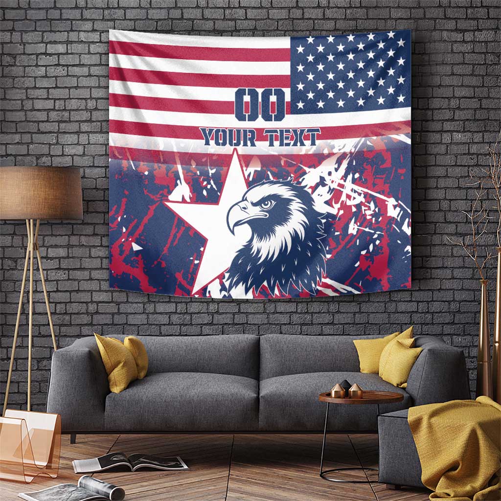 USA flag eagle tapestry featuring a 00 header and red splatter graphic