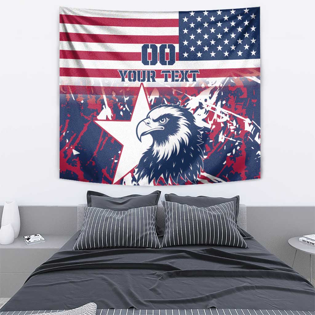 Wall tapestry with USA flag stripes, stars, and an eagle head with 00 and text