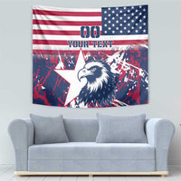 USA flag eagle tapestry with red splatter background, 00 label, and your text