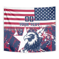 Close-up rugby tapestry showing USA flag stars and stripes, eagle head, and 00