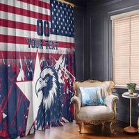 USA rugby window curtain panels with bold eagle face and custom text over patriotic stripes