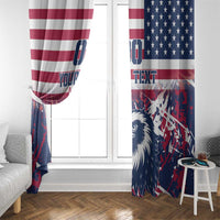 USA rugby window curtain panels hanging over window with eagle and patriotic stripe design