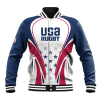 Zip-up varsity baseball jacket with USA Rugby graphic, navy sleeves, red-white front
