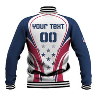 Back view zip-up varsity baseball jacket with custom text, navy sleeves, red-white star graphic