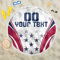 Round white beach blanket with blue “Your Text” and stars, red stripes, and fringe edge