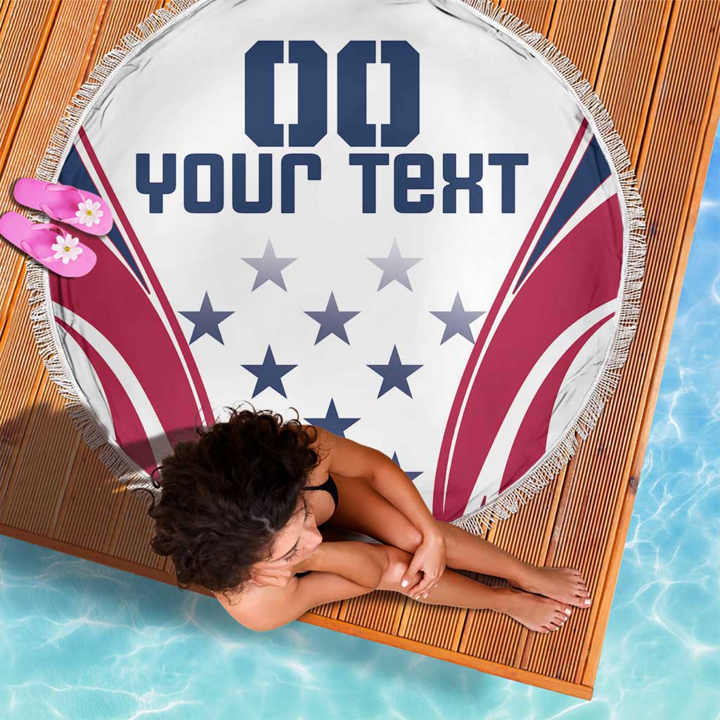 Round white beach blanket with “Your Text” graphic, blue stars, red stripe accents, fringe trim