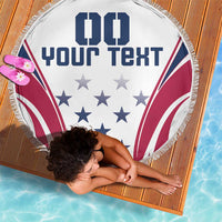Round white beach blanket with “Your Text” graphic, blue stars, red stripe accents, fringe trim