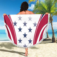 Round white beach blanket held outdoors, showing blue stars, red stripes, and “Your Text”