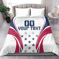 White bedding set with duvet cover and two pillow shams, navy/red rugby flag design and stars