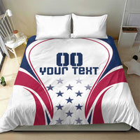 White duvet cover with two pillow shams, navy/red rugby flag emblem with stars in center