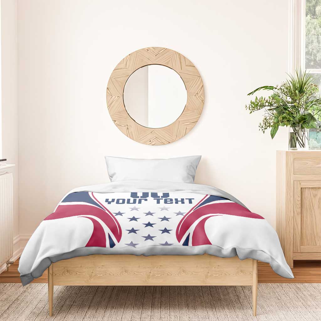 White duvet cover with two pillow shams, navy/red rugby flag graphic with stars and text